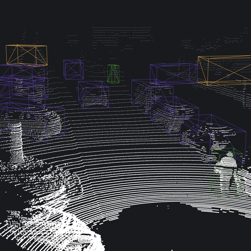 Example pointcloud and 3D object bounding boxes from the KITTI dataset.